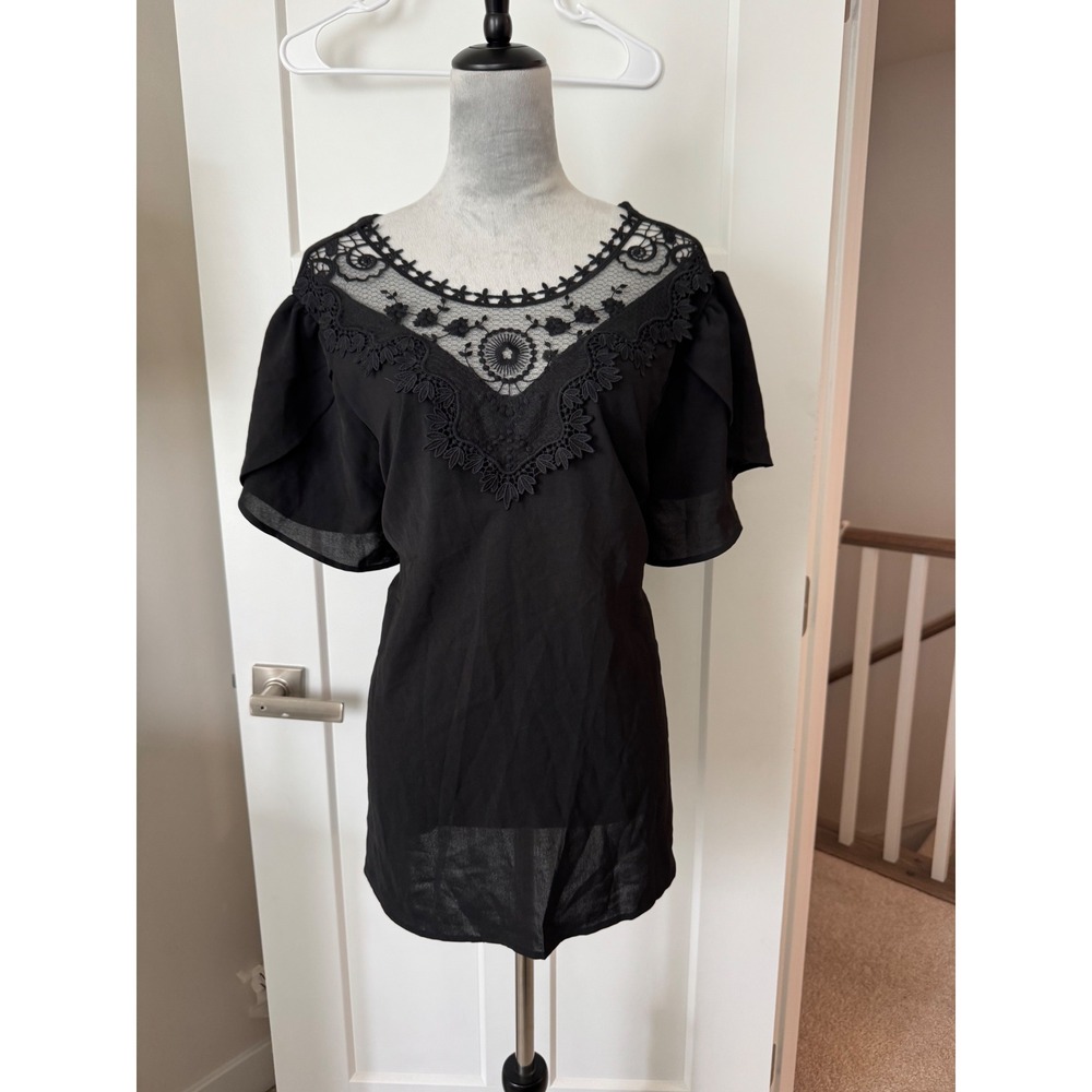Bohemian Romantic Goth Black Crochet Lace Yoke Flutter Sleeve Blouse Plus curve